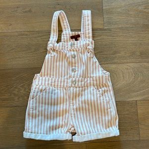 7 For All Mankind Pink and White Stripe Denim Overalls 6x